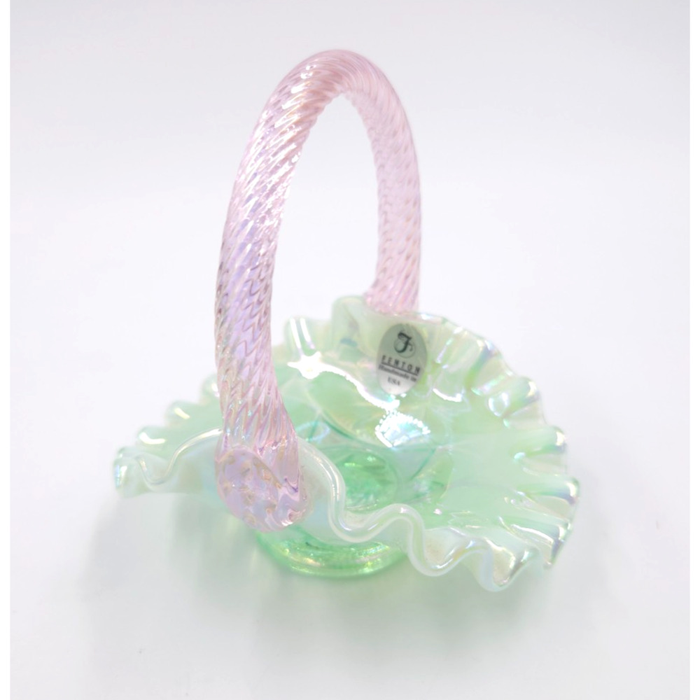 Fenton Glass Pink Handle Miniature Basket Iridescent Green Opalescent w Sticker